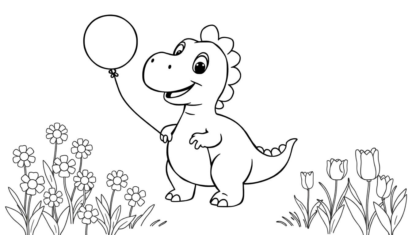 Zwart-wit kleurplaat van een schattige cartoon dinosaurus met een ballon, omringd door madeliefjes en tulpen.