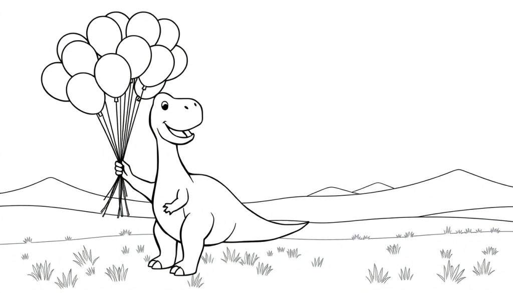 Een zwart-wit cartoon dinosaurus met veel gekleurde ballonnen, klaar om gekleurd te worden als kleurplaat.