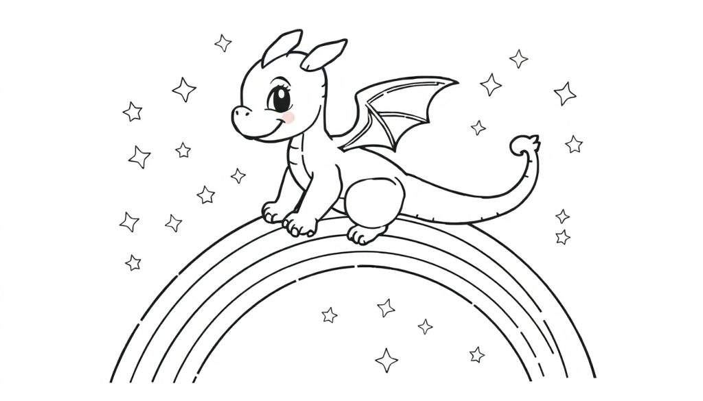 Zwart-wit kleurplaat van een schattige cartoon draak op een regenboog met sterren.