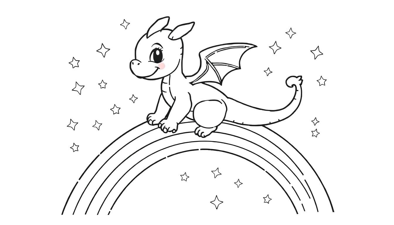 Zwart-wit kleurplaat van een schattige cartoon draak op een regenboog met sterren.