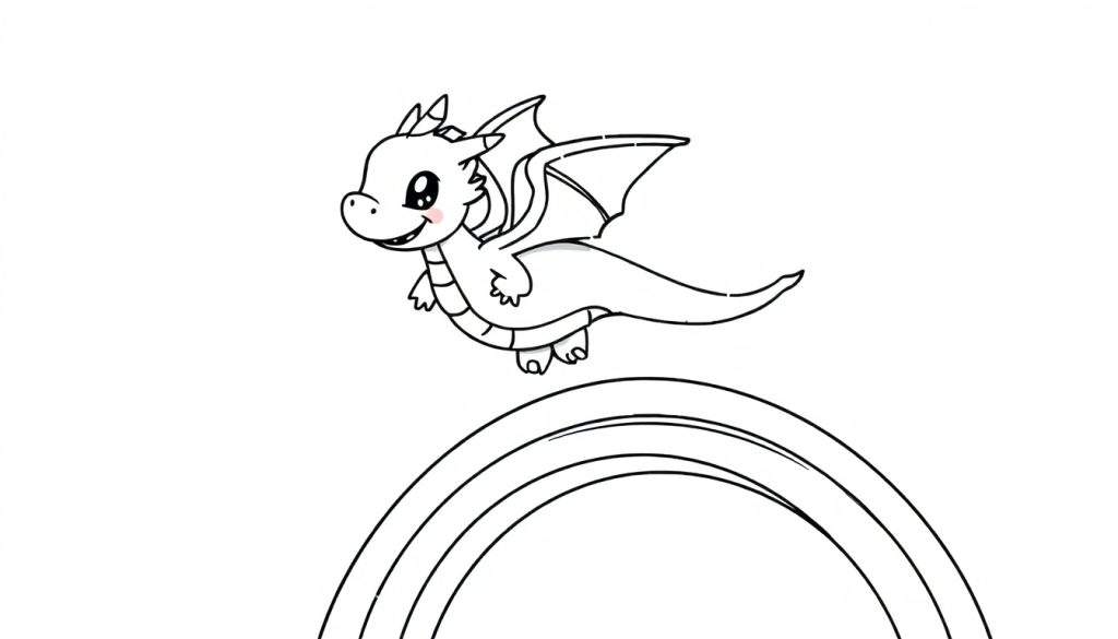 Kleurplaat van een schattig cartoon-draakje dat op een regenboog zweeft, getekend met zwarte lijnen.