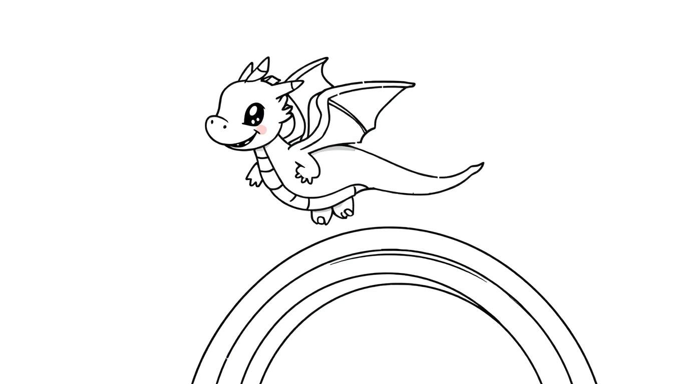 Kleurplaat van een schattig cartoon-draakje dat op een regenboog zweeft, getekend met zwarte lijnen.