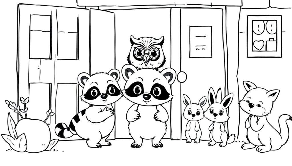 Kleurplaat van schattige cartoon dieren voor een gebouw.