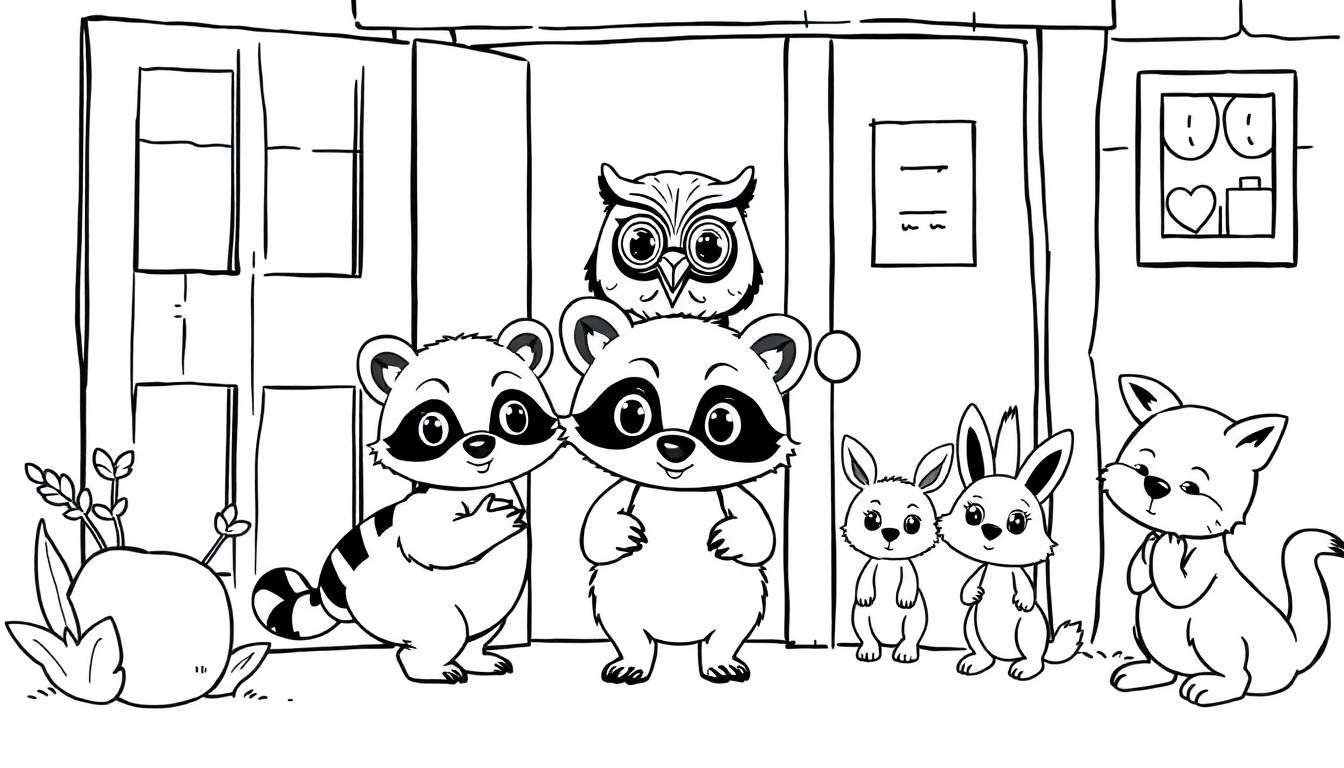 Kleurplaat van schattige cartoon dieren voor een gebouw.