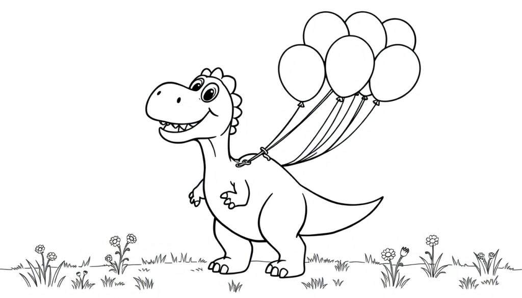 Kleurplaat van een vrolijke dinosaurus met ballonnen.