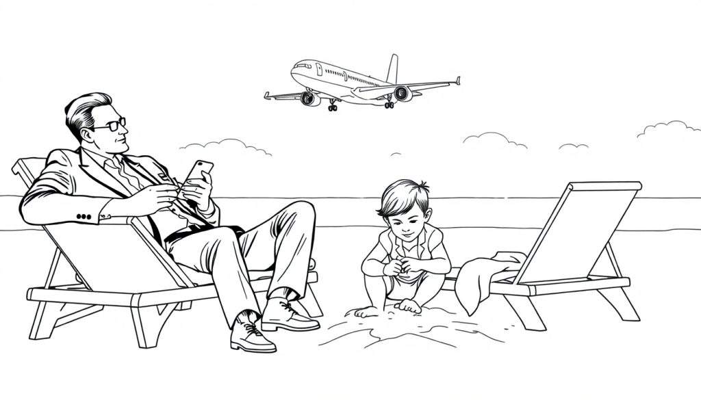 Zwart-wit kleurplaat van een zakenman op een strandstoel kijkend op zijn telefoon, met een kind dat naast hem speelt, een vliegtuig boven, en de zee op de achtergrond.