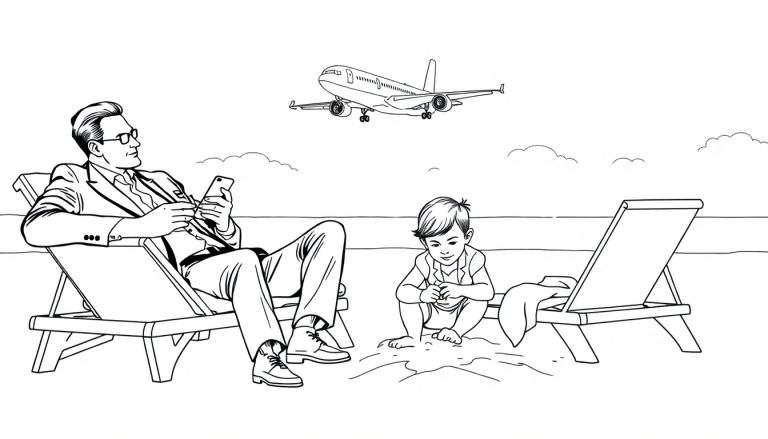 Zwart-wit kleurplaat van een zakenman op een strandstoel kijkend op zijn telefoon, met een kind dat naast hem speelt, een vliegtuig boven, en de zee op de achtergrond.