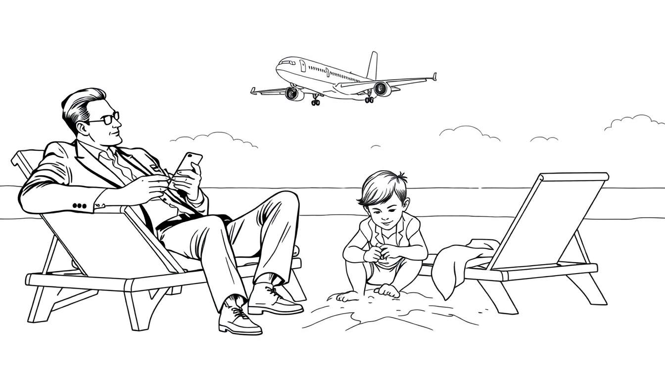 Zwart-wit kleurplaat van een zakenman op een strandstoel kijkend op zijn telefoon, met een kind dat naast hem speelt, een vliegtuig boven, en de zee op de achtergrond.