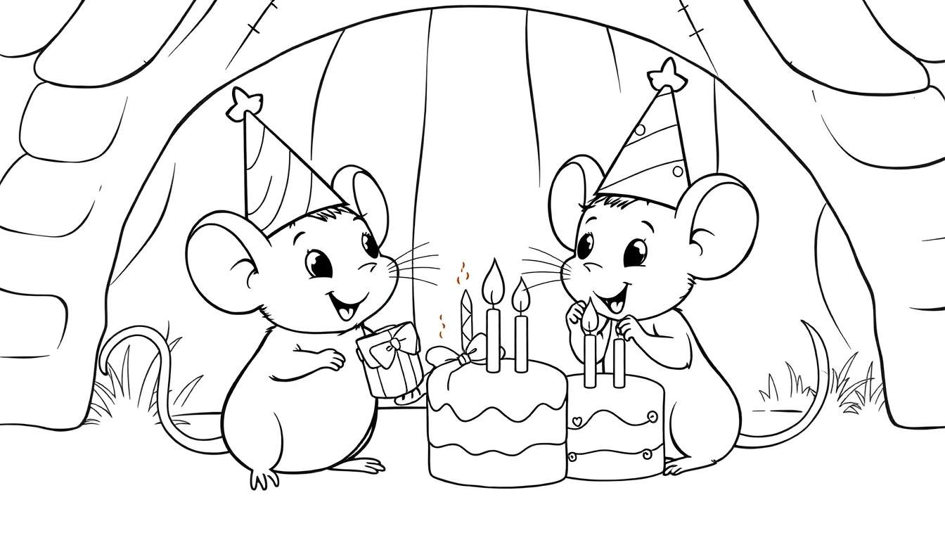 Zwart-wit kleurplaat van twee muizen, Sam en Julia, die een verjaardag vieren met taart en cadeautjes.