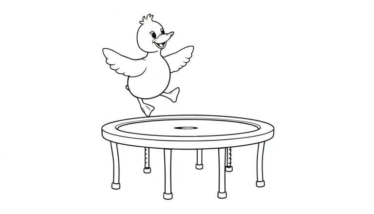 Zwart-wit kleurplaat van een blij kuiken dat op een trampoline springt.