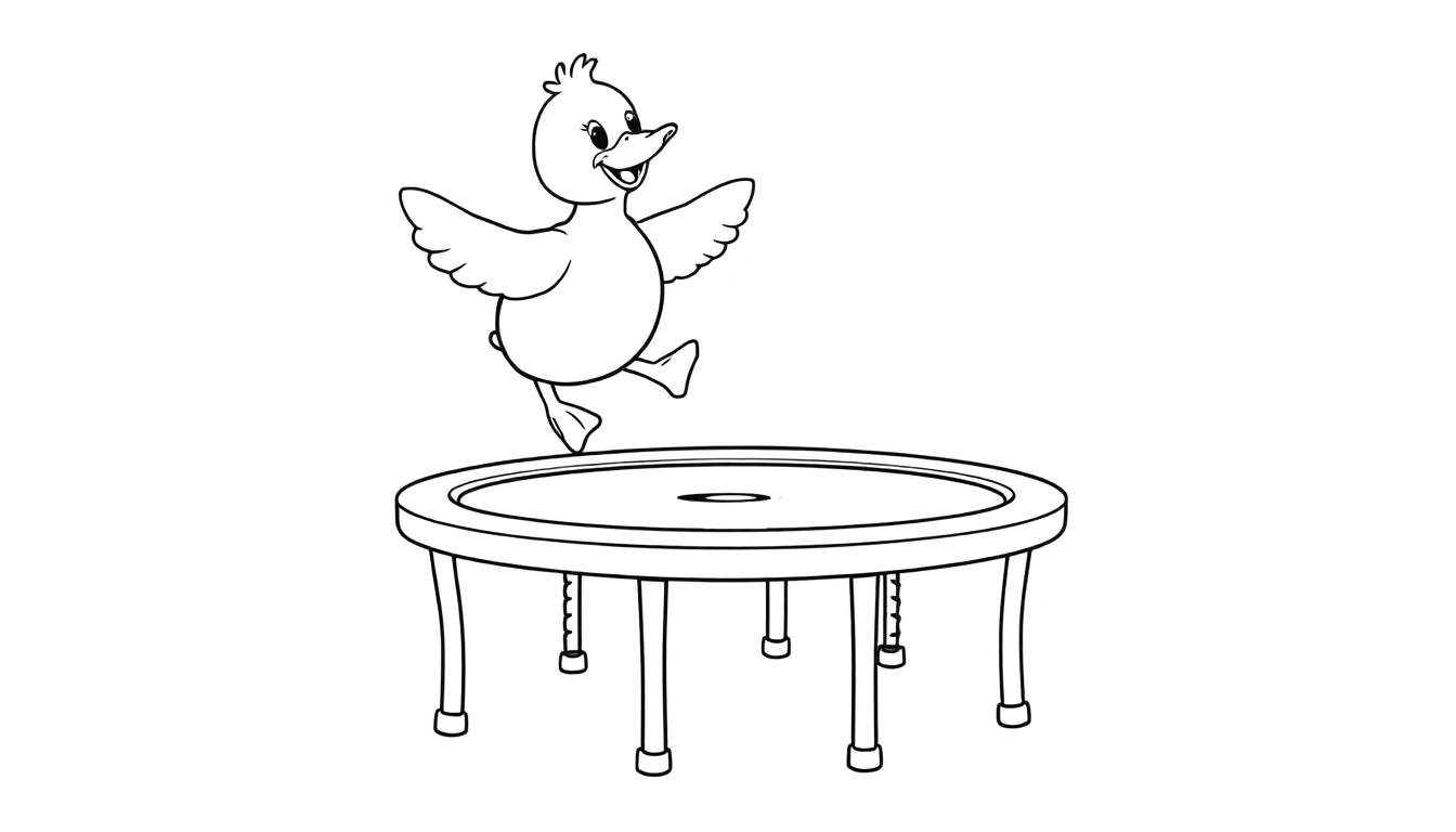 Zwart-wit kleurplaat van een blij kuiken dat op een trampoline springt.