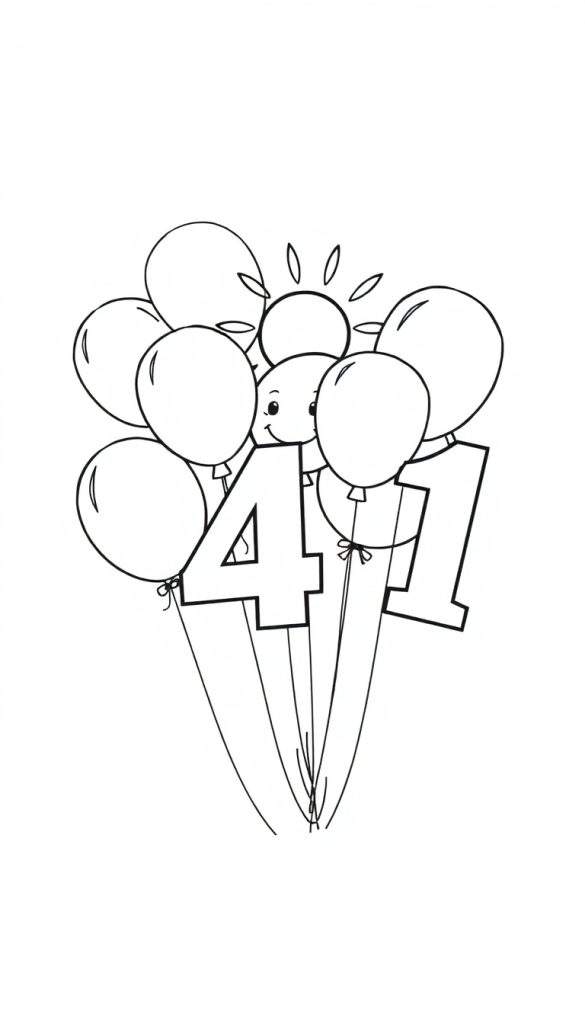 Kleurplaat van ballonnen met het getal 41 en een zonnetje.