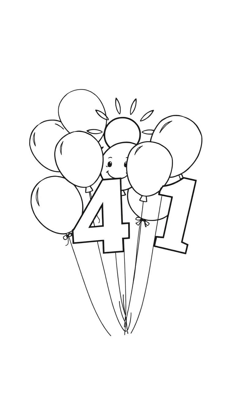 Kleurplaat van ballonnen met het getal 41 en een zonnetje.