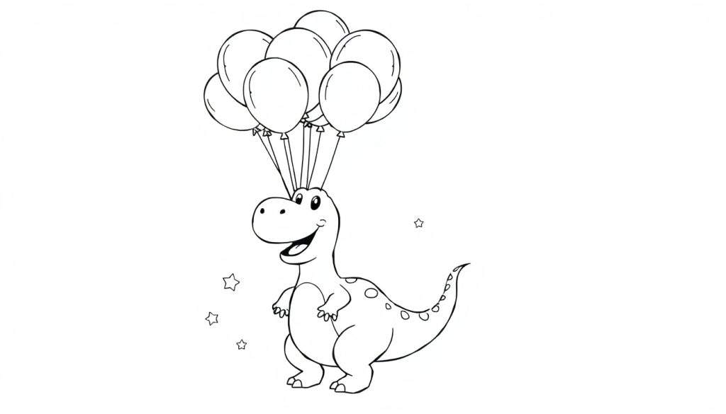 Een schattige dinosaurus kleurplaat met ballonnen en sterren.