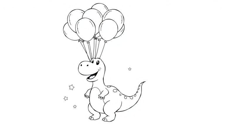 Een schattige dinosaurus kleurplaat met ballonnen en sterren.