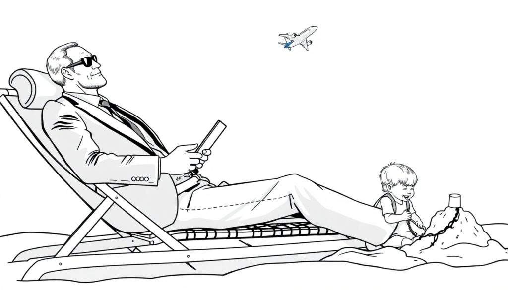 Kleurplaat van een zakenman in pak op een strandstoel met een zonnebril, die naar de lucht kijkt met een tablet, terwijl zijn kind een zandkasteel bouwt en een vliegtuig in de verte vliegt.