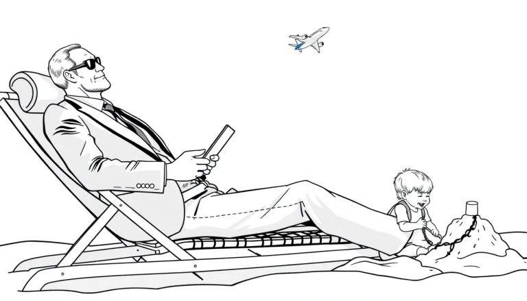 Kleurplaat van een zakenman in pak op een strandstoel met een zonnebril, die naar de lucht kijkt met een tablet, terwijl zijn kind een zandkasteel bouwt en een vliegtuig in de verte vliegt.