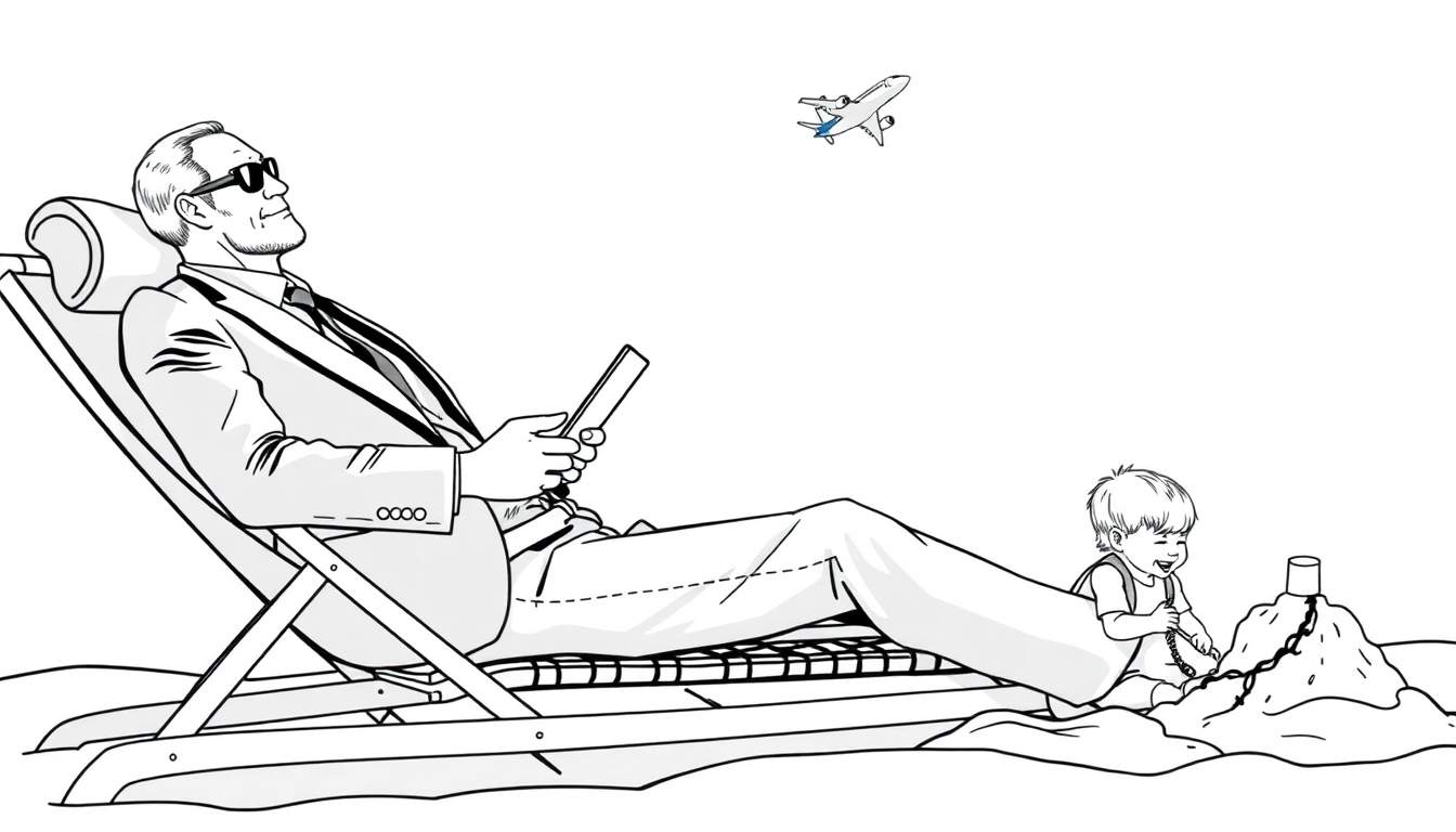 Kleurplaat van een zakenman in pak op een strandstoel met een zonnebril, die naar de lucht kijkt met een tablet, terwijl zijn kind een zandkasteel bouwt en een vliegtuig in de verte vliegt.