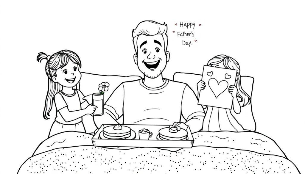 Kleurplaat van een lachende papa in bed op Vaderdag die ontbijt, een tekening en een bloemetje krijgt van zijn kinderen.