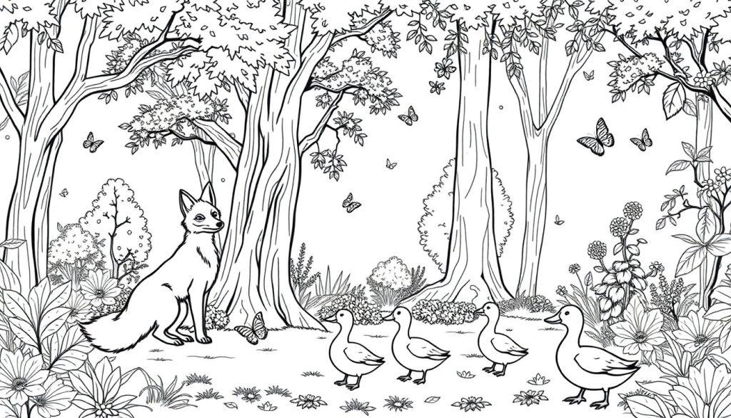 Zwart-wit kleurplaat van een boslandschap met een vos, eenden, bloemen en vlinders.