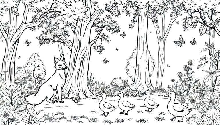 Zwart-wit kleurplaat van een boslandschap met een vos, eenden, bloemen en vlinders.