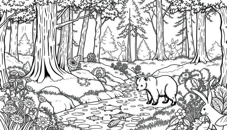 Kleurplaat van een boslandschap met bomen, een beer bij een beekje, vissen in het water en konijnen tussen de planten.