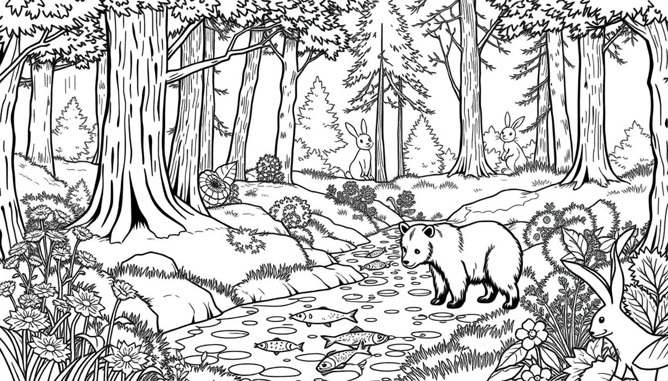 Kleurplaat van een boslandschap met bomen, een beer bij een beekje, vissen in het water en konijnen tussen de planten.