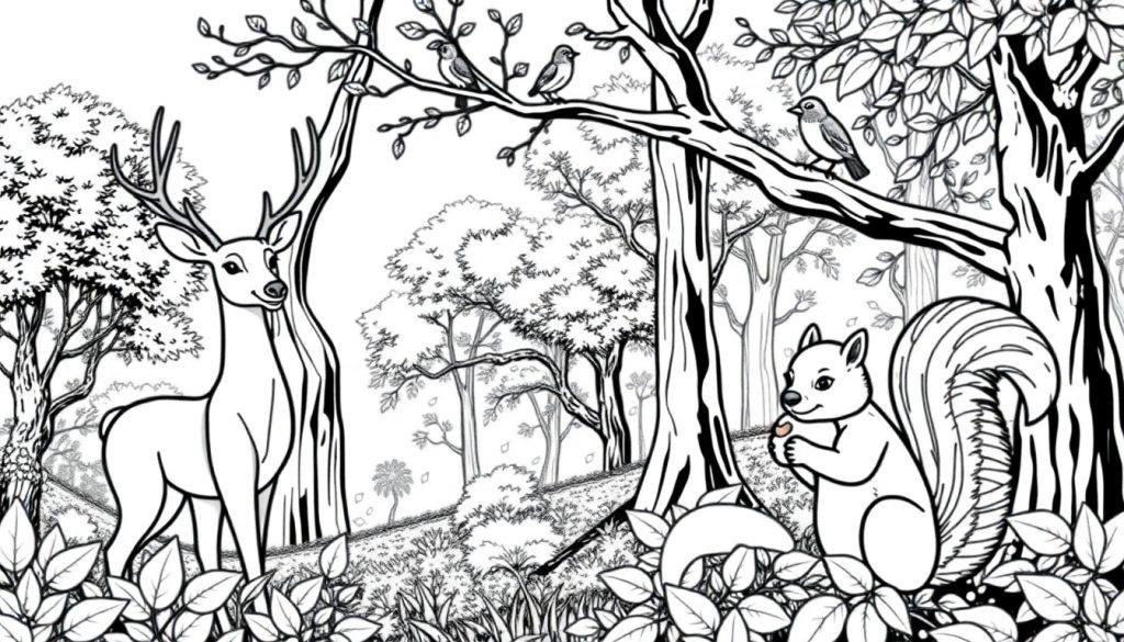 Kleurplaat van een bos met een hert, een eekhoorn in een boom en vogels op takken.