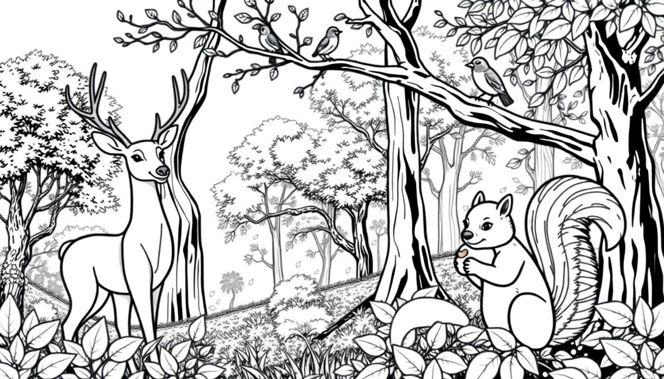 Kleurplaat van een bos met een hert, een eekhoorn in een boom en vogels op takken.