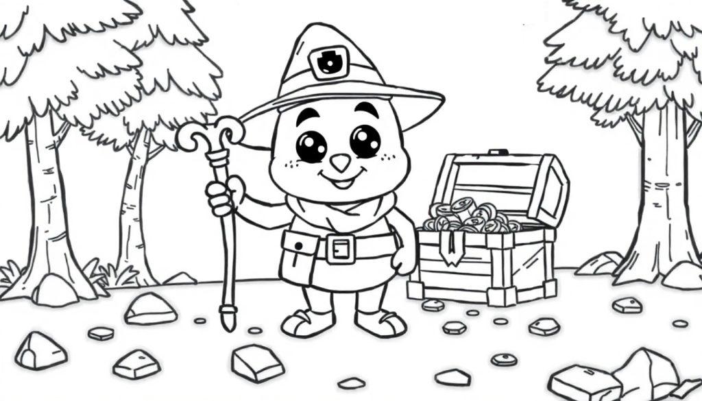 Kleurplaat met een avontuurlijk cartoonfiguurtje in het bos met een hoed, staf, open schatkist en verspreide stenen.