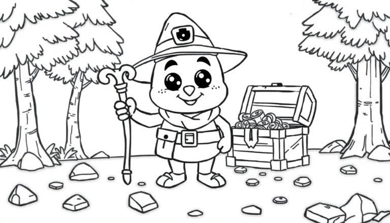 Kleurplaat met een avontuurlijk cartoonfiguurtje in het bos met een hoed, staf, open schatkist en verspreide stenen.