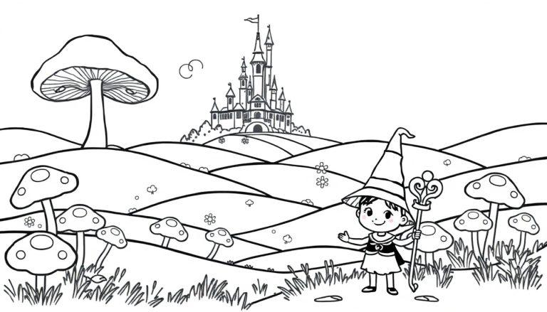 Een kleurplaat van een magische scène met een kleine tovenaar voor een sprookjeskasteel, omringd door paddenstoelen en bloemen.