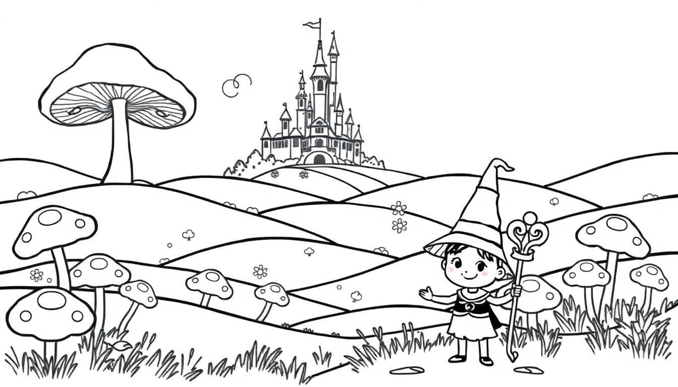 Een kleurplaat van een magische scène met een kleine tovenaar voor een sprookjeskasteel, omringd door paddenstoelen en bloemen.