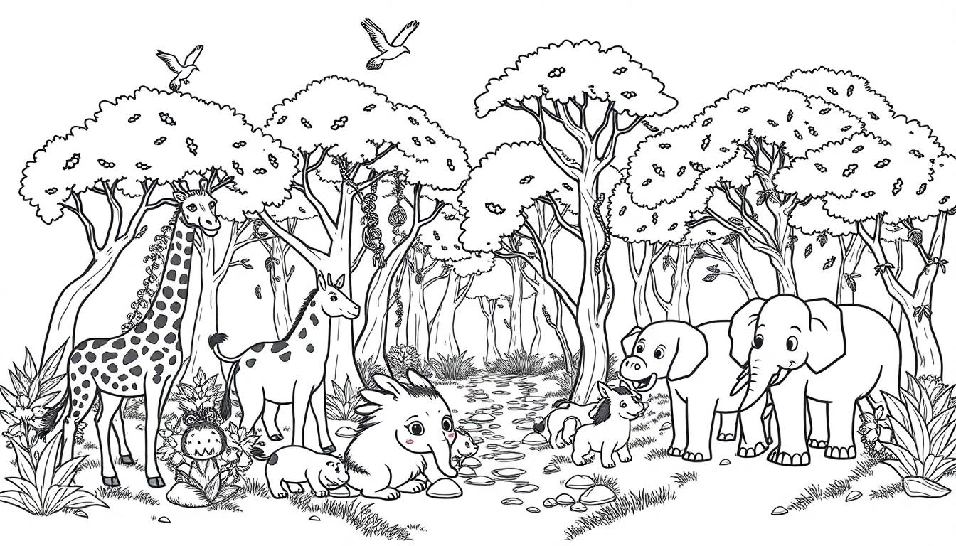 Kleurplaat van een vrolijk bos vol dieren zoals een giraffe, zebra, olifant met jong, en meer, met cartoongezichten.