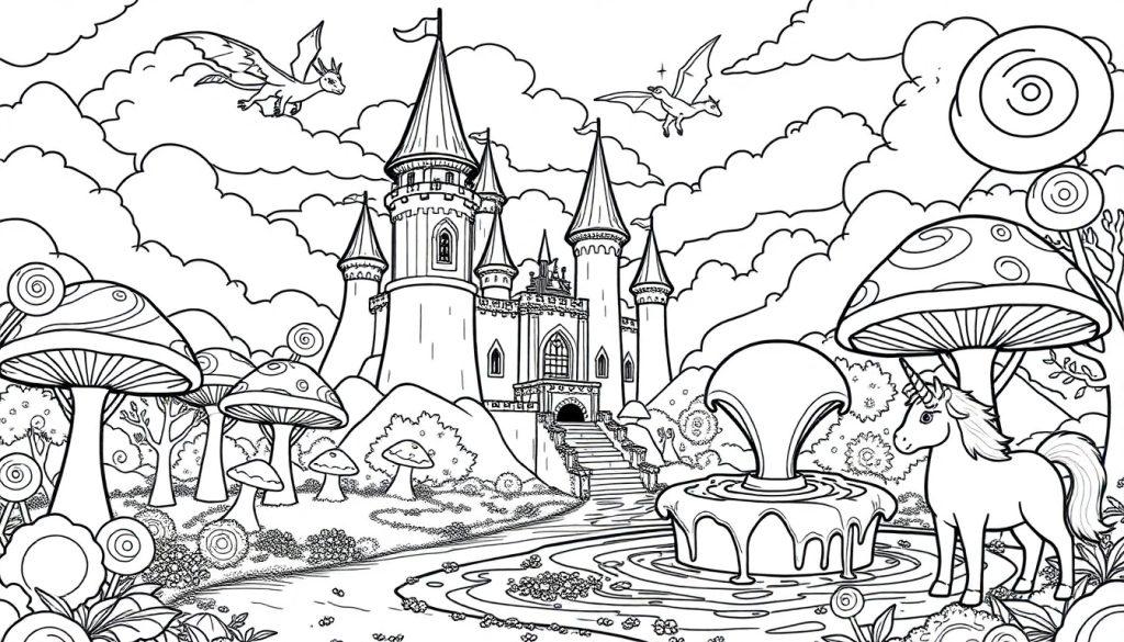 Een sprookjesachtig fantasielandschap kleurplaat met een groot kasteel, een fontein, draken in de lucht, een eenhoorn en magische paddenstoelen.