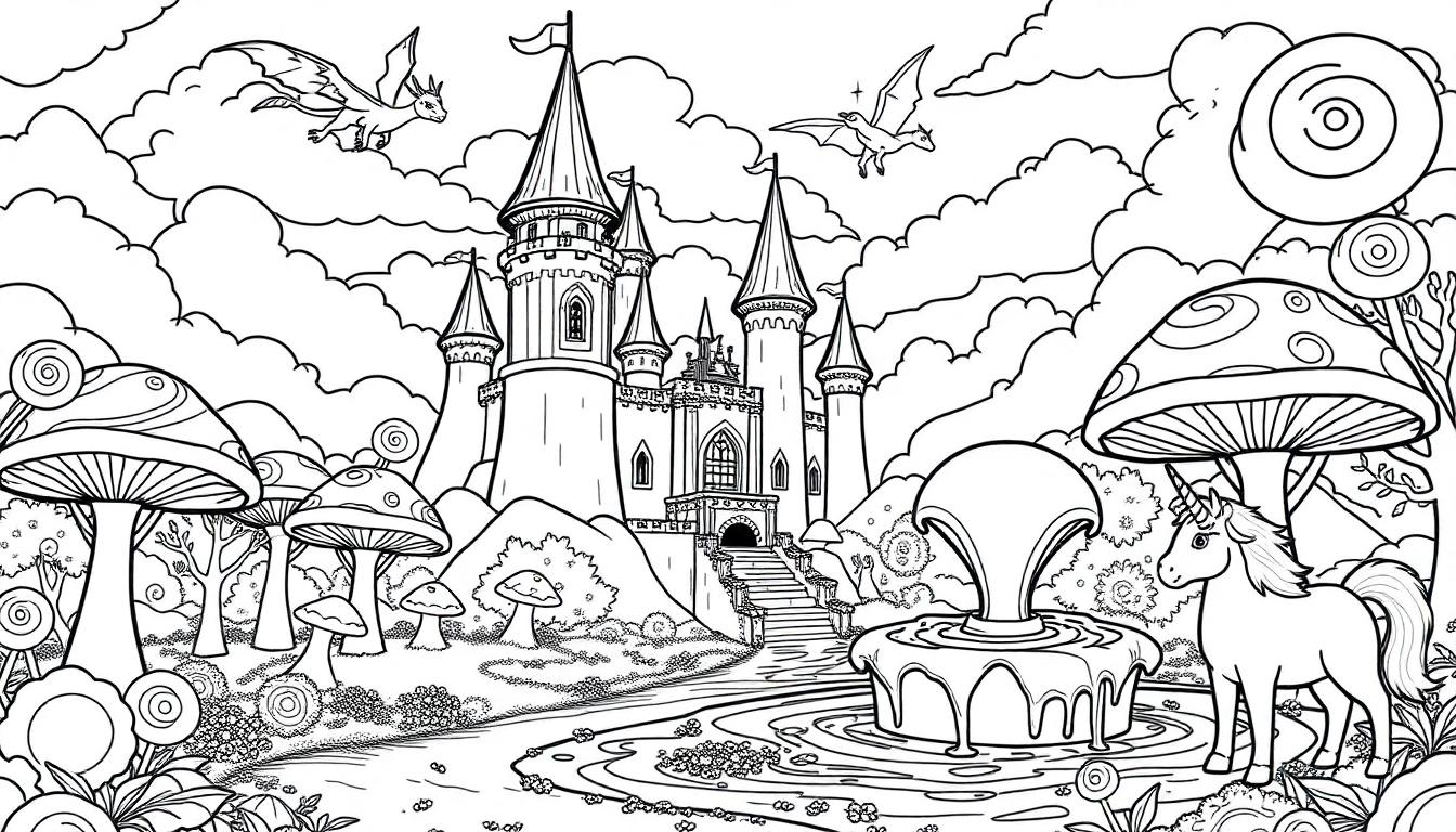 Een sprookjesachtig fantasielandschap kleurplaat met een groot kasteel, een fontein, draken in de lucht, een eenhoorn en magische paddenstoelen.