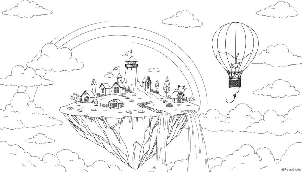 Zwart-witte kleurplaat van een fantasieland met een zwevend eiland, watervallen, een regenboog en een luchtballon.