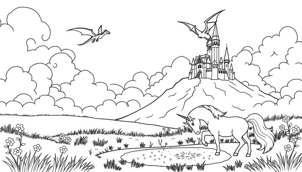 Kleurplaat van een fantasieland met een eenhoorn, kasteel, draken en heuvels.