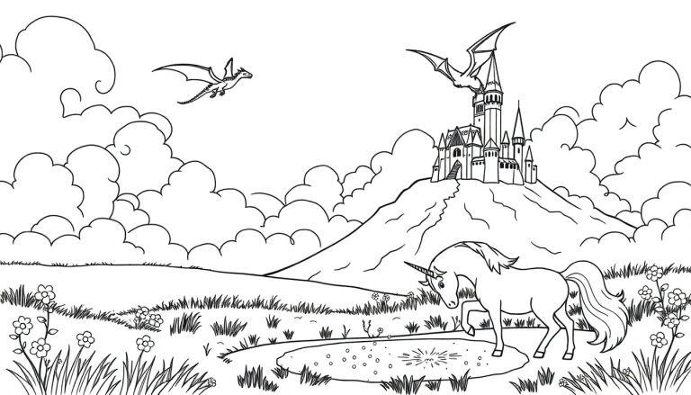 Kleurplaat van een fantasieland met een eenhoorn, kasteel, draken en heuvels.