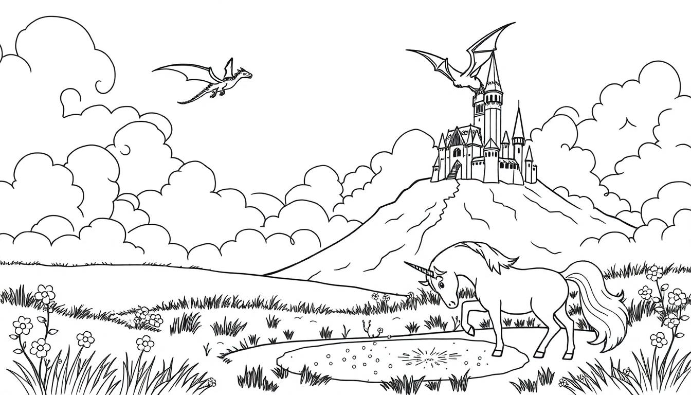Kleurplaat van een fantasieland met een eenhoorn, kasteel, draken en heuvels.