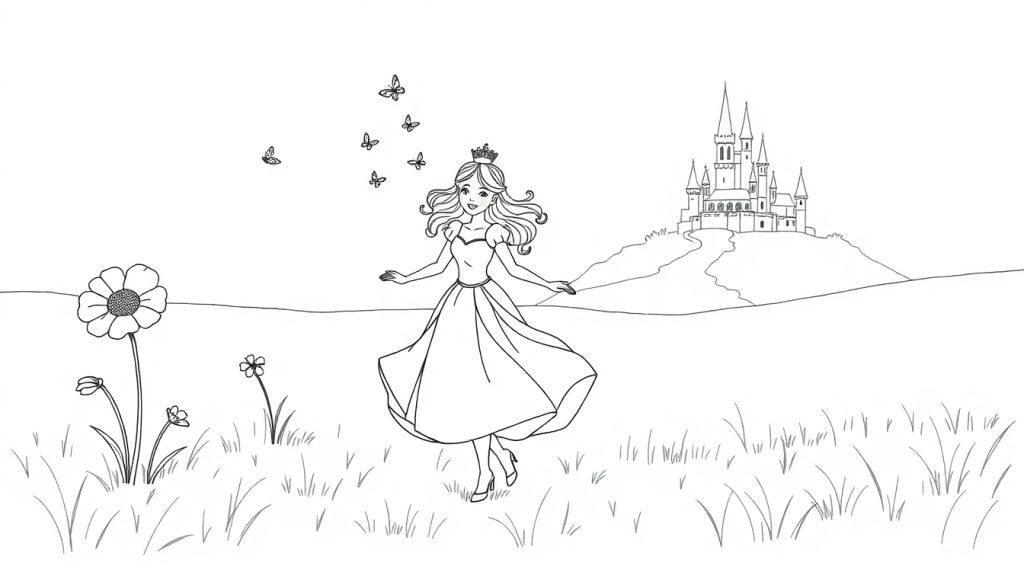 Kleurplaat van een prinses in een veld vol bloemen, met een kasteel op een heuvel op de achtergrond.