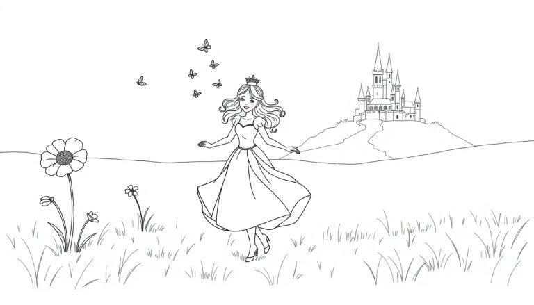 Kleurplaat van een prinses in een veld vol bloemen, met een kasteel op een heuvel op de achtergrond.