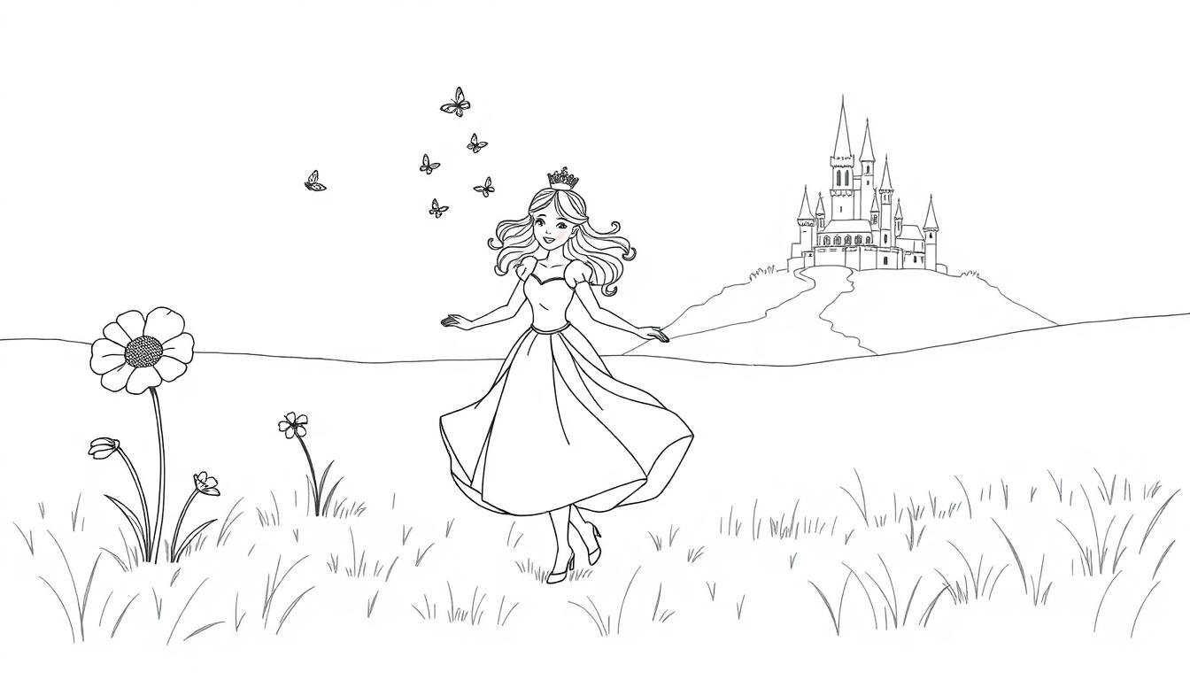 Kleurplaat van een prinses in een veld vol bloemen, met een kasteel op een heuvel op de achtergrond.