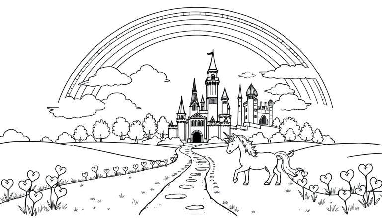 Zwart-wit kleurplaat van een sprookjeskasteel met een regenboog, bloemen en een eenhoorn op een pad.