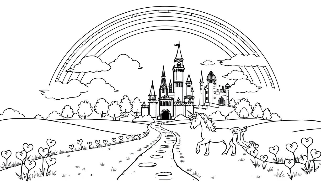Zwart-wit kleurplaat van een sprookjeskasteel met een regenboog, bloemen en een eenhoorn op een pad.