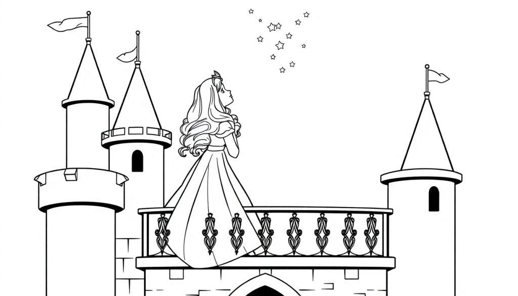 Kleurplaat van een prinses op een kasteel balkon met sterretjes in de lucht.