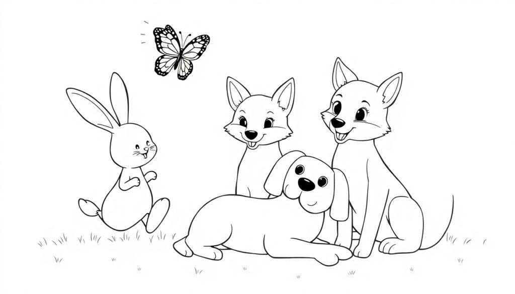 Kleurplaat van een konijn, vlinder, hond en twee vossen in een speelse setting op een grasveld.
