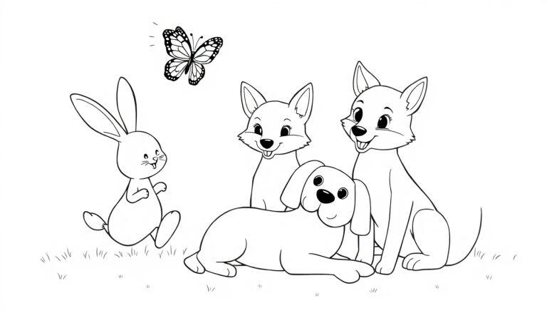 Kleurplaat van een konijn, vlinder, hond en twee vossen in een speelse setting op een grasveld.