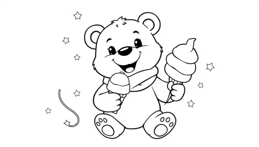 Lachende teddybeer met een sjaal die een ijsje en een ijslolly vasthoudt, omringd door sterretjes. Een vrolijke kleurplaat voor kinderen.