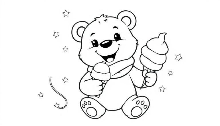 Lachende teddybeer met een sjaal die een ijsje en een ijslolly vasthoudt, omringd door sterretjes. Een vrolijke kleurplaat voor kinderen.